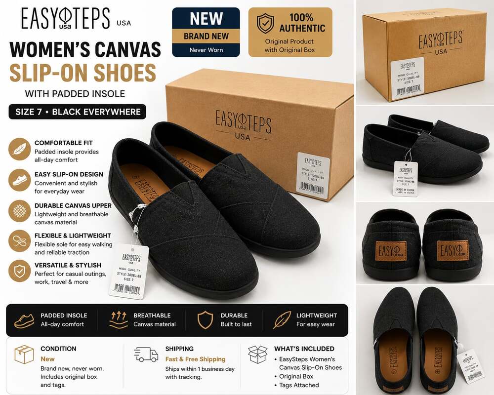 EasyUSA Women's Canvas Slip-On Shoes, Black, Style 308L-BB